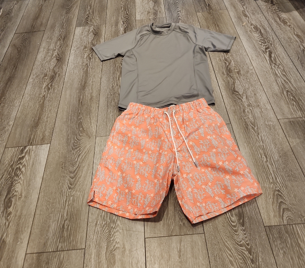 Lands' End Men's  Set Coral Palm Print Swim Trunks